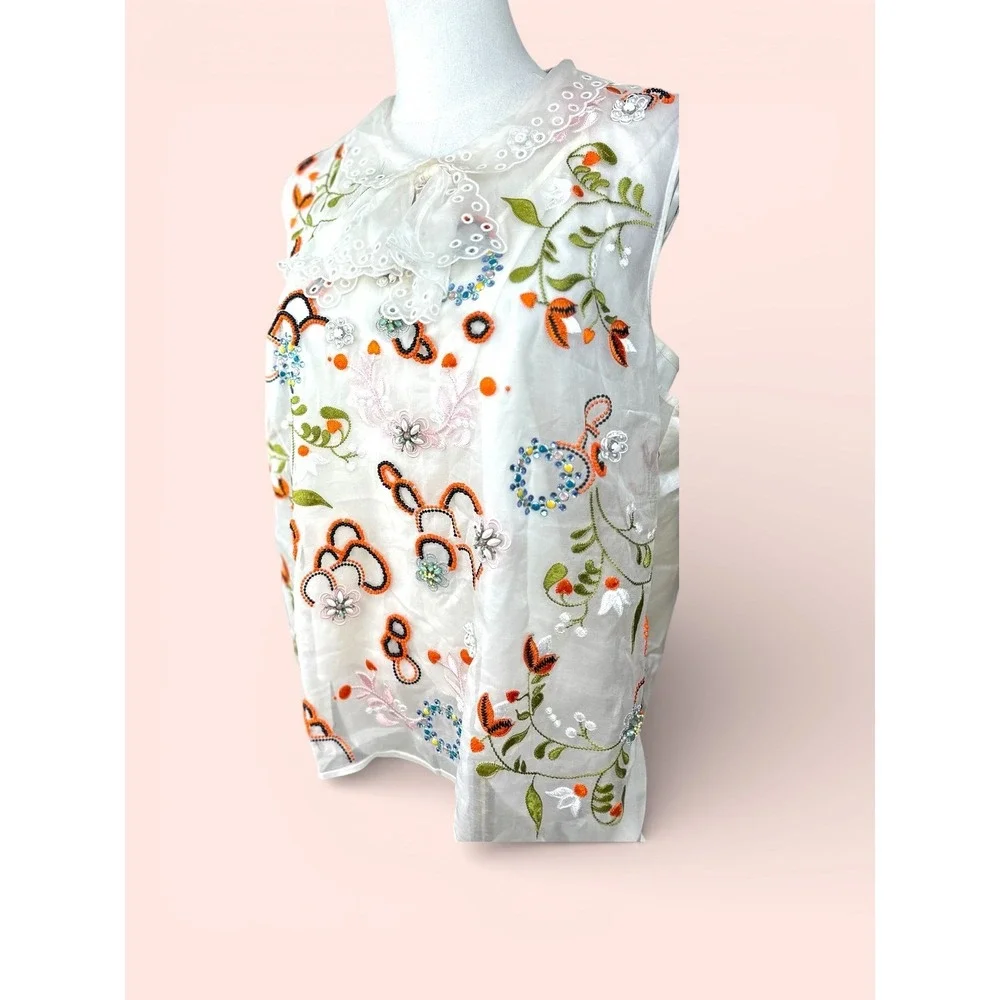 Tory Burch SZ 12 Floral‎ Embroidered Beaded Silk Top Lace Peter Pan Collar Ivory
